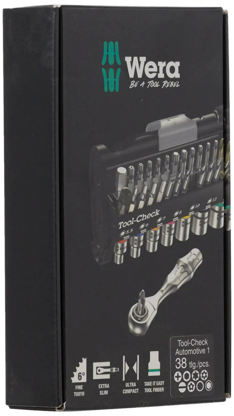 Box of Automotive 1 Bit Socket And Ratchet Set showing compact tool kit with 38 pieces for fast repairs