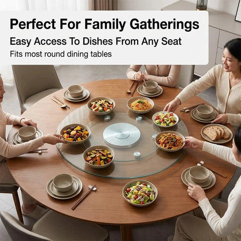 Workhorse Tempered Glass Lazy Susan Turntable on dining table with dishes and people, perfect for family gatherings.