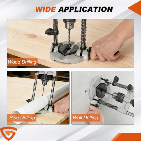 Drill Guide Stand For Cordless Drills And More Portable Drill Press Attachment in use for wood, pipe, and wall drilling applications.