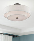 Four Light Semi Flush Mount Ceiling Fixture In English Bronze With Oatmeal Fabric Hardback Drum Shade And Satin White Diffuser