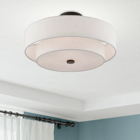 Four Light Semi Flush Mount Ceiling Fixture In English Bronze With Oatmeal Fabric Hardback Drum Shade And Satin White Diffuser