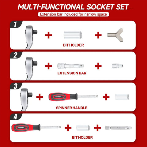 Diagram of 130 Piece Mini Ratchet Set With One Quarter Inch Drive, 72 Tooth Ratchet, 104 Bits And 13 Sockets, Spinner Handle