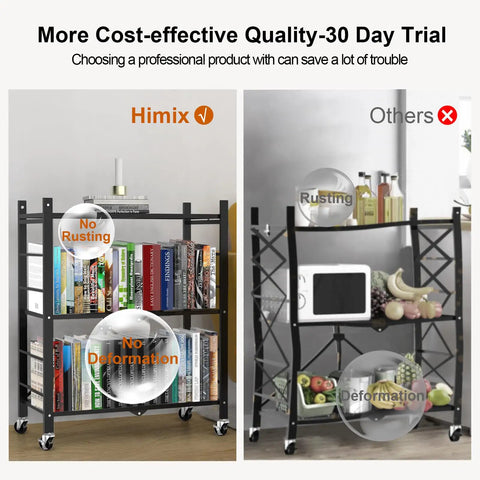 Comparison of 3 Tier Foldable Metal Storage Shelves With 6 Hooks And Wheels showing Himix shelf with books and no rust.