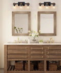 Rustic Farmhouse Vanity Lights with Hand Polished Wood and Black Metal Clear Glass Shade 3 Light Wall Sconce for Bathroom Over Mirror
