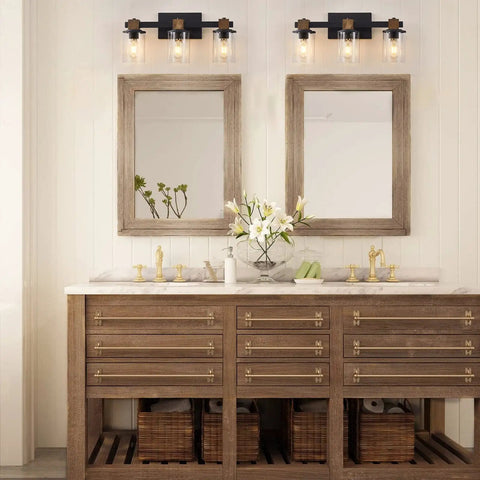 Rustic Farmhouse Vanity Lights with Hand Polished Wood and Black Metal Clear Glass Shade 3 Light Wall Sconce for Bathroom Over Mirror