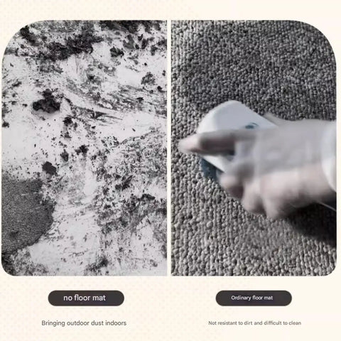 Comparison of dirt on the floor with no mat versus cleaning with an ordinary mat, showcasing dust control effectiveness.