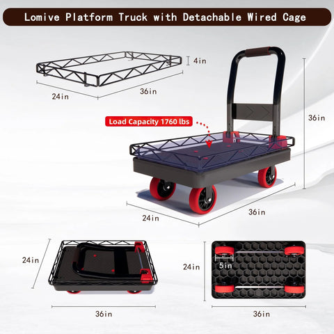 2-In-1 Heavy Duty Platform Trucks And Flatbed Carts With 1760 Lbs Capacity Detachable Solid Steel Wire Fence 36x24 Collapsible Cart