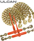 Grade 70 Three By Eight Inch Chain And Binder Kit With Two Chains And Two Binders For Flatbed Hauling And Load Securement Twenty Foot Length 6600 Pound Safe Working Load Built To Last with hooks and binders visible