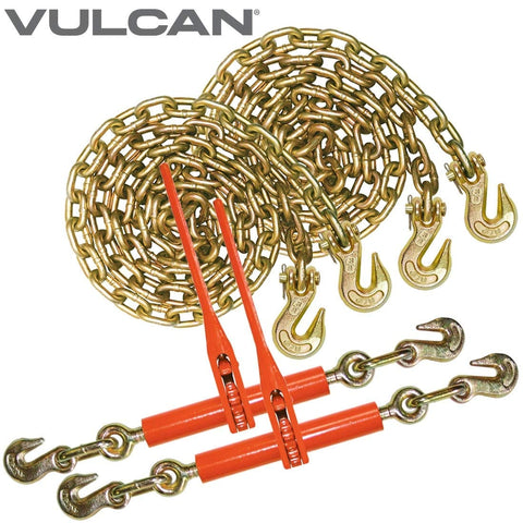 Grade 70 Three By Eight Inch Chain And Binder Kit With Two Chains And Two Binders For Flatbed Hauling And Load Securement Twenty Foot Length 6600 Pound Safe Working Load Built To Last with hooks and binders visible