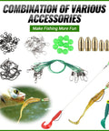 Assorted fishing accessories including hooks, weights, wires, and soft plastic lures from All In One Pro Grade Fishing Lures Kit for Bass.