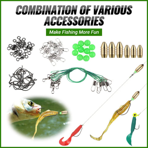 Assorted fishing accessories including hooks, weights, wires, and soft plastic lures from All In One Pro Grade Fishing Lures Kit for Bass.