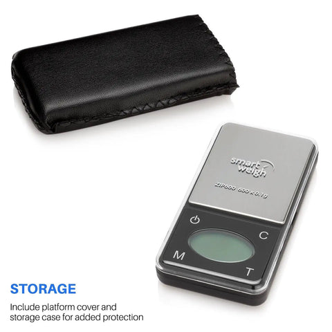 Ultra Slim Digital Pocket Scale 600g Capacity At 0.1g Increments With Counting Feature shown with black storage case