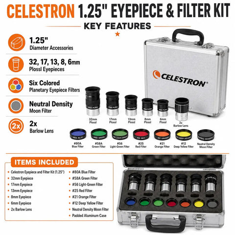 Celestron 1.25-inch Eyepiece and Filter Kit with aluminum case, six colored filters, and various eyepiece sizes.