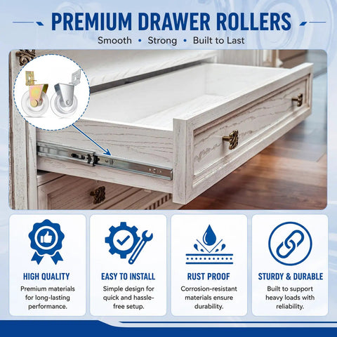 Top Notch 8 Pack Drawer Roller Replacement Kit With Durable Nylon Wheels And Robust Steel Brackets For No Sweat Kitchen Cabinet Slide Fix And Quick Hardware Tune Up, showing rollers and drawer smooth operation.