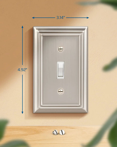Tough As Nails Metal Wall Plate For Single Toggle Switch Covers, Corrosion Resistant Brushed Nickel Finish, shown with screws, 4.92x3.14 inches.