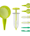 Green plastic Eight Pack Seed Dispenser Set for Easy Planting with dibber, wedger, no fuss gardening tools shown in detail.