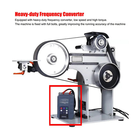Badass 2HP Variable Speed Belt Sander And Knife Grinder Rig With Straight Frequency Drive showing detailed frequency converter.
