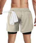 Back view of Men's 2 In 1 Running Shorts With Built In Liner Quick Dry Training Gear Zip Pockets And Towel Loop in khaki color