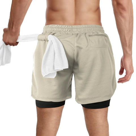 Back view of Men's 2 In 1 Running Shorts With Built In Liner Quick Dry Training Gear Zip Pockets And Towel Loop in khaki color