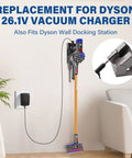Cordless Vacuum Charger For V6 V7 V8 DC58 DC59 DC61 DC62 SV03 SV04 SV05 SV06 SV07 SV09 Absolute Animal Motorhead Fluffy Handstick 26V 0.78A AC DC Adapter With 6 Ft Cord UL Listed Wall Mount Charging Station Compatible shown mounted on wall.