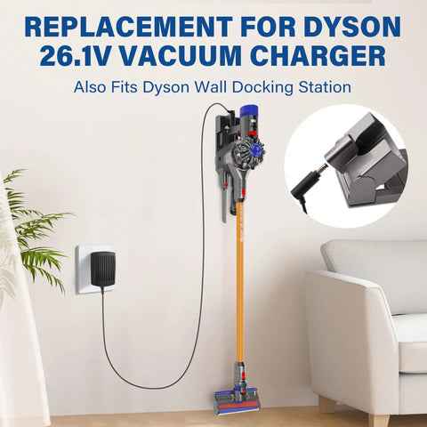 Cordless Vacuum Charger For V6 V7 V8 DC58 DC59 DC61 DC62 SV03 SV04 SV05 SV06 SV07 SV09 Absolute Animal Motorhead Fluffy Handstick 26V 0.78A AC DC Adapter With 6 Ft Cord UL Listed Wall Mount Charging Station Compatible shown mounted on wall.