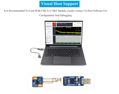 24GHz MmWave Human Motion Sensor With FMCW Radar For Real Time Body Detection shown with laptop for visual host support.