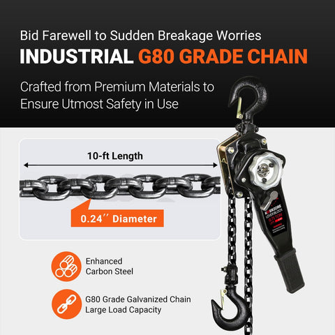 Beefy Three Quarter Ton Manual Lever Chain Hoist 1650 Lbs Capacity 10 Ft Lift with G80 Galvanized Chain and Hook