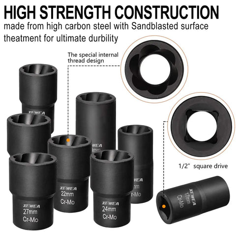 12 Piece Lug Nut Remover Kit With One Half Inch Drive For Getting Stripped Damaged Frozen Rusted Studs And Rounded Off Bolts Nuts Screws Heavy Duty Wheel Lock Extractor Set With 10mm To 27mm Sizes showing high carbon steel construction and square drive