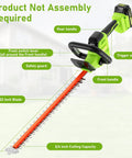 Cordless Hedge Trimmer With 22 Inch Dual Action Blade And 2800 SPM, Three Quarters Inch Cutting Capacity, Includes Two Batteries And Charger, Lightweight Handheld Electric Pruner with labeled parts in garden setting