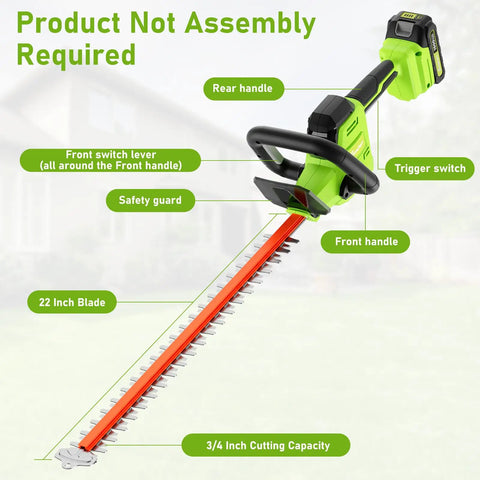 Cordless Hedge Trimmer With 22 Inch Dual Action Blade And 2800 SPM, Three Quarters Inch Cutting Capacity, Includes Two Batteries And Charger, Lightweight Handheld Electric Pruner with labeled parts in garden setting