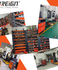 Collage of Removable CNC Tool Rack Cart With Dual Layer Steel Side Mount Storage in different workshop settings