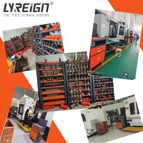 Collage of Removable CNC Tool Rack Cart With Dual Layer Steel Side Mount Storage in different workshop settings