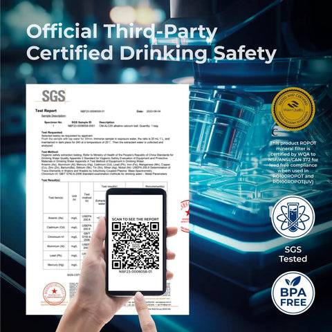 Certification document and smartphone for Remineralization Filter For RO Systems Alkaline Water Pitcher Filter safety verification.