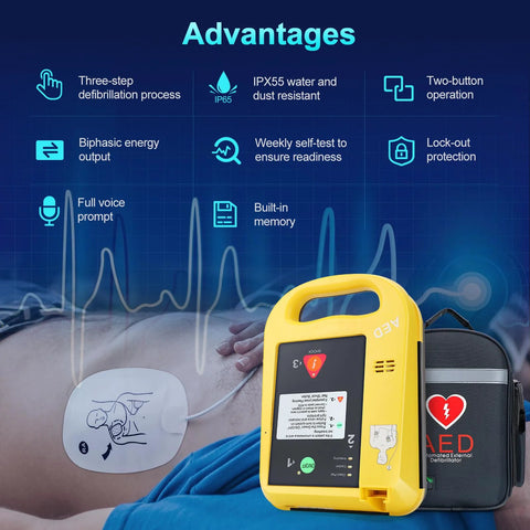 Front view of yellow AED defibrillator with built-in screen and chest pads, beside a black carrying case