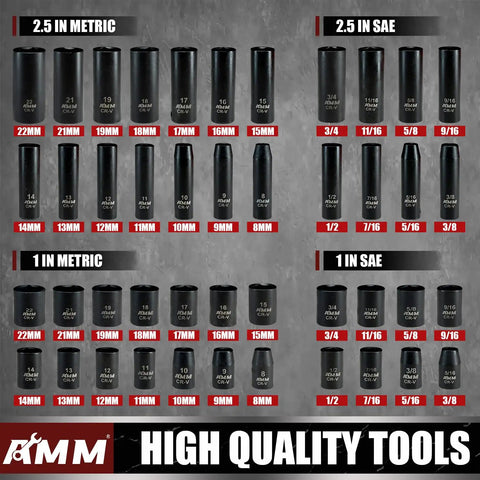 Impact Socket Set 48-Piece With SAE And Metric Sockets 5/16 To 3/4 Inch And 8-22 mm displayed with 3 And 6 Inch Drive Extensions.