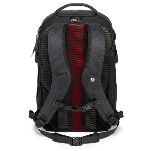 Back view of Frontloader M Pro Camera Backpack with padded shoulder straps, adjustable waist belt, and durable black material.