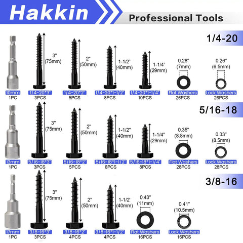 202-Piece Hex Lag Screws Kit With 304 Stainless Steel Black Oxide Bolts, Washers, And Hex Socket Drivers For Decks
