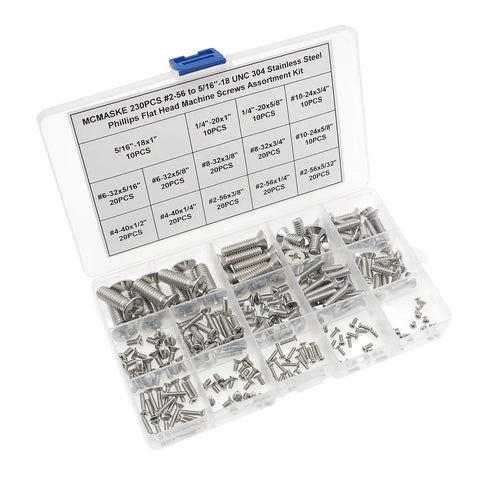 Premium 304 Stainless Steel Phillips Flat Head Machine Screw Assortment Pack Size Number Two Through Five Sixteen Inches displayed in a clear case.