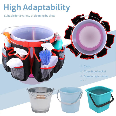 5 Gallon Bucket Tool Organizer and Wash Caddy with 16 Pockets, shown with various cleaning bucket types.