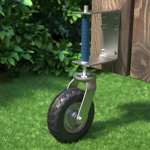 Heavy Duty 8 Inch Gate Wheel For Wooden Or Metal Gates With Pneumatic Tire Spring Loaded 360 Degree Rotation 400 Lb Capacity Includes Screws And Spanner For Smooth Sliding And Stable Gate Positioning attached to a wooden gate