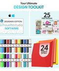 Silhouette Portrait 4 Vinyl Cutting Machine Starter Bundle with 24 sheets of vinyl, designer software, and free designs.