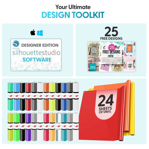 Silhouette Portrait 4 Vinyl Cutting Machine Starter Bundle with 24 sheets of vinyl, designer software, and free designs.