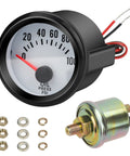Front view of Linkstyle 2-inch oil pressure gauge (52mm) 0–100 PSI with sensor and mounting hardware.