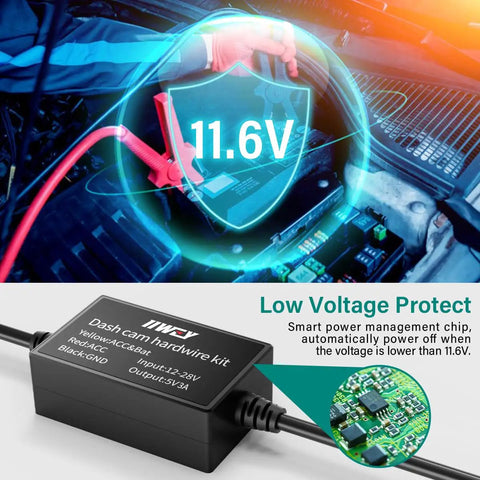 Hard Wire Kit For Dash Cams N5 N5 Pro N6 N7 C3 Pro C4 Pro Q7 N9 12V To 24V Input 5V 3A Output showing low voltage protection