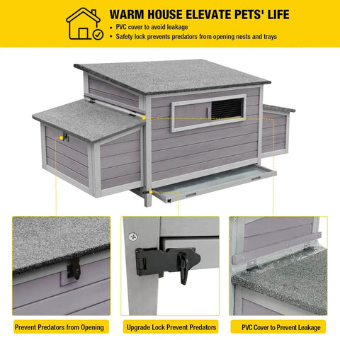 Outdoor Wooden Chicken Coop For 4 To 6 Birds With Two Nesting Boxes, Big Hen House And Bird Run, Grey AIR45, weatherproof PVC