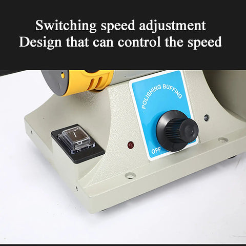 Control panel of Pro Grade Jewelry Polisher Buffer Bench Lathe Set With Jade Grinder And Flexible Shaft Mini Table Saw Polishing Tool 26000 Rpm Adjustable Speed For Metals Stone Glass Beads Beeswax And Plastic showing speed adjustment knob and switch