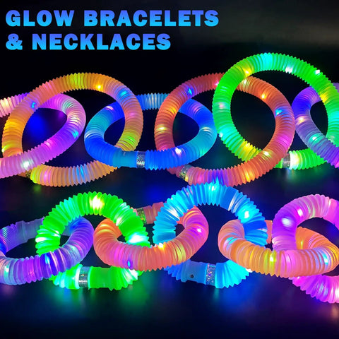 Colorful Glow Pop Tube Wand Toys For Kids And Toddlers Six Color Light Up Tubes used as glow bracelets and necklaces