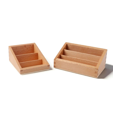 Big Beechwood Three Part Box For Montessori Language Cards with three compartments, solid wood storage tray on white background.