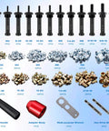 Heavy Duty Rivet Nut Tool Kit Compatible With Electric Drill And Ratchet Wrench Includes Twelve Precision Mandrels And Two Hundred Sixty Zinc Plated Insert Nuts For Bolting Up Quick Without Breaking A Sweat showing various mandrels and nuts.