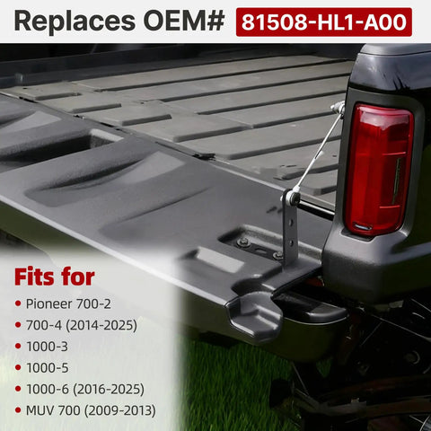Upgraded Tailgate Extender Leveling Mount For Honda Pioneer shown installed on vehicle, highlighting OEM replacement 81508-HL1-A00.